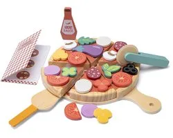 Woet® Houten Pizza Speelset - Complete "Maak je eigen pizza" set met 30+ Accessoires - Toppings met Klittenband, Snijgereedschap, Hete Saus en Menukaart - Rollenspel Keukenspeelgoed - Speelgoedeten - Vanaf 2 Jaar
