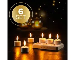 KENN® Originele Oplaadbare Waxinelichtjes – Set van 6 – Met Afstandsbediening & Timer – Inclusief Oplaadstation – Tot 120 Branduren – LED Waxinelichtjes – Oplaadbare Theelichtjes – Realistische Flikkerende Vlam – LED Kaarsen - Nep Kaarsen