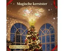 3D Kerstboom Projector Lamp – Piek – kerstboomstertopper- kerstboomversiering - USB – Roterend – Met 5 Dia’s (Sterren, Engel, Kerstman, Kerstboom) – 360° Rotatie – 3m Kabel – Goudkleurige Ster Ontwerp