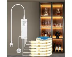 Sander Shop Bande LED, 1 m, kit de bandes LED COB dimmables 6 en 1 avec prise 60 W, bande LED blanc chaud avec interrupteur tactile et balayage manuel, pour étagères, panneaux acoustiques, armoire, vitrine et