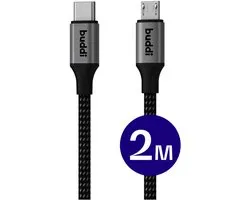 Buddi Flex | USB-C naar Micro-USB Kabel 12W 5V/2.4A | 480Mbps Dataoverdracht | Gevlochten Nylon | 2M | Zwart