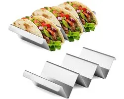 Porte-tacos à 3 compartiments - Set de 2 - Acier inoxydable - Porte-tacos - Porte-tortillas - Support à tortillas - Compatible four - Pour 6 tacos - Plats de présentation - Cuisine et art de la table - Batterie de cuisine