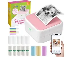 TinyPlay Mini Imprimante 300 DPI - Imprimante de poche - 13 rouleaux de papier en couleur, autocollant et blanc - Imprimante photo mobile - pour Smartphone - Imprimante portable thermique - Mini-imprimante thermique