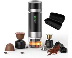 Lordani Draagbaar Koffieapparaat voor Onderweg | Inclusief Tas | Digitale Display | 60ml | 12 Volt | Espresso | Nespresso | Dolce Gusto | Capsule Koffie | Gemalen Koffie | Cups | Oplaadbaar | Draagbare Koffiemachine | Zwart&Zilver