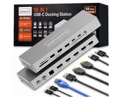 Zenwire® BS-HD1601 – USB-C Docking Station 16-en-1 – 2× HDMI 4K 60Hz – DisplayPort 1.4 – USB 3.0 – SD/TF – Audio Jack – LAN – Voor Laptop/MacBook – Hub Multiport Étendu