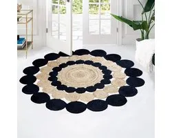 Collection Circle Rug - 3 Ft' Round Black Natural Jute Mat Geometric Kilim Carpet Indoor Outdoor Use Mat Flatweave Rugs for Bedroom Bedside Round Dining Table Mat
