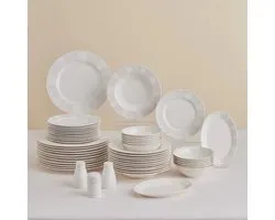 Service de table Karaca Forever Bone China New Olio – 53 pièces – 12 personnes – Blanc – Porcelaine fine – Assiettes plates, assiettes creuses, assiettes à dessert et plats
