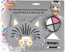 Goodmark Verkleedset kat/poes - masker en schmink set - kinderen - kat/poezenset - Carnaval - dieren - grijze kat