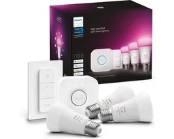 Philips Hue starterspakket E27 Lichtbron met Bridge en 1 Dimmer Switch - White and Color Ambiance - 3 x 9W - Bluetooth