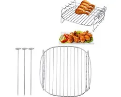 Set de gril airfryer 4 pièces - Grille double couche en acier inoxydable - Plaque antiadhésive pour griller des brochettes - Dimensions : 15*11*7 cm - 2,2*16,5 cm - Pour griller, cuire et préparer des aliments dans la cuisine - Argent