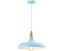 QUVIO Hanglamp retro - Lampen - Plafondlamp - Verlichting - Keukenverlichting - Lamp - Simplistisch laag design - E27 Fitting - Voor binnen - Met 1 lichtpunt - Aluminium - Hout - D 30 cm - Blauw en wit