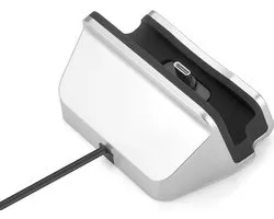 Une station d'accueil adaptée à un port USB-C, compatible avec Samsung Galaxy S10, S9, S8, Note 9, 8, Huawei P20 Pro, Google Pixelbook, Nexus 5X/6P, LG G5 et autres appareils USB-C. Couleur argent.