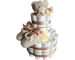 Luiertaart - bruine beer - bruine slofjes - pamper - 2 laags