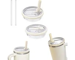 2 stuks - Stanley No-Drip deksels - 40 oz Stanley Cup deksels - Vervangende deksels voor Stanley Cups - Herbruikbaar - Lek- en stofdicht - Inclusief 2 rietjes - Crèmewit - Voor Stanley Cups