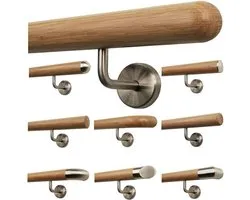 TIBU Eiken houten leuning reling 0,3 m - 6 m, lengte 150 cm, einde halve bol gefreesd en 3 hoekige houders