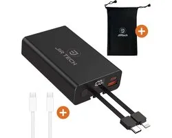 JIR Tech® - Powerbank 10 000 mAh - Charge rapide - 2 Câbles USB-C et Lightning intégrés - 1 port USB et 1 port USB-C - Indicateur LED - Compact, puissant et léger - Kit d'urgence - Pour iPhone, Samsung et Tablettes