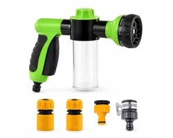 Pistolet à mousse pour tuyau d'arrosage avec 8 modes de pulvérisation, réservoir de savon de 100 ml, dosage de mousse réglable et 4 raccords.