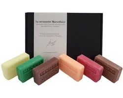 6x Savon de Marseille geschenk zeep set, Chocolade, Vanille, Menthe, Vigne Rouge, Sinaasappelbloesem, Mimosa 6x125 gr. brievenbus cadeau