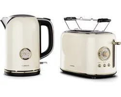 Klarstein Victoria Essential Breakfast Set - Grille-pain rétro 2 tranches avec 7 niveaux de brunissage, support grille-pain, plateau ramasse-miettes amovible, bouilloire 1,7 l avec filtre anticalcaire, arrêt automatique, crème