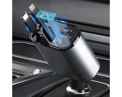 120W 4-in-1 Auto Oplader - Uittrekbare USB-C Kabel - 2x USB-poort - Extra USB-C Kabel - Snellader - Geschikt voor Samsung Galaxy, Google Pixel, iPhone & Tablet
