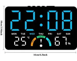 Cette horloge LED multifonctionnelle est dotée d'un grand écran et peut être fixée au mur ou posée sur une table. Elle affiche l'heure, le jour de la semaine, la température et l'humidité en bleu.