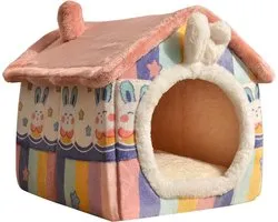 Galatée Cat House, Cartoon Cat Cave Bed with Removable Washable Pillow, Cute Cat Tent, Warm and Soft Chimney Cat House for Dogs Cats Small Animals (M, Pink)