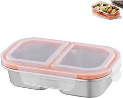 Voedselbewaarcontainer van roestvrij staal - kleine snackbox met twee compartimenten - lunchbox - met dekse-lunchbox met vakjes - zilverkleurig - 18,6*11,3*5 cm - geschikt voor snoep, kruiden en noten