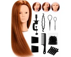 Kappershoofd Oefenhoofd Kapperspop 80% Echt Haar met Statief en Accessoires - Kappers Pop - Bruin Haar - 60 cm