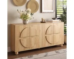OKWISH Buffet – Sideboard 4 portes – 160 x 38 x 76 cm – Étagères réglables – Meuble de rangement fermé pour salon et couloir – MDF et bois de pin Naturel