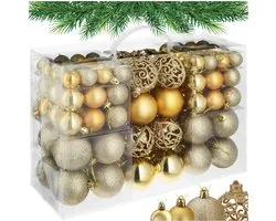 tectake® Set van 100 Kerstballen - Mat, Glanzend en Glinsterend Oppervlak - Kerstballen van Robuust Plastic - Kerstversiering met Opbergbox - Kerstboomversiering in Verschillende Maten - Goud