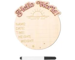 Houten 'I'm New Here' baby aankondigingsbord met 'Hello World' tekst - zon ontwerp