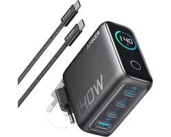 Anker 140W USB-C oplader - Geschikt als lader voor laptops - 4 poorten voor snelladen van meerdere apparaten - Geavanceerde GaN-lichtnetadapter - Intuïtieve touch-bediening - Zwart