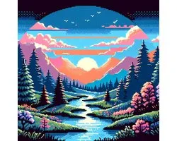 Pixel art landschap schilderij | Pixelated panorama: a digital masterpiece of scenic beauty and wonder | Kunst - 30x30 centimeter op Dibond | Foto op Dibond