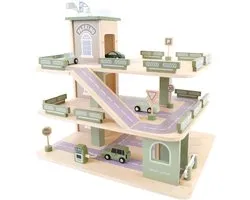 Bandits & Angels Houten Speelgoedgarage Bandits Parking Experience met 3 Verdiepingen en Lift - Inclusief 4 Auto's - Speelgoed Auto Garage Hout - Retro Groen