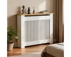 Cache-radiateur FATIVO - Cache-chauffage avec plateau en bois - Cache-radiateur - 112 x 20 x 83 cm - Blanc