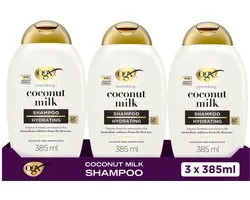 Shampooing au Lait de Coco OGX, Hydrate & Adoucit, Sans Sulfate, Parfum Tropical Coco, Pour Cheveux Secs & Ternes, 3x385 ml