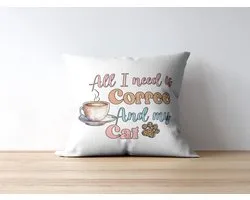 Sierkussen Koffie en Kattenliefhebber, 'All I need is Coffee And my Cat' Kussen, Decoratief Kussen voor Kattenmoeder, Huisdecoratie Cadeau