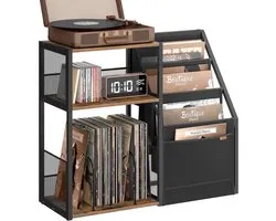 Support Platine Homesy - 3 Étages - Table d'Appoint - Meuble de Rangement pour Vinyles - Jusqu'à 100 Albums - Marron Vintage