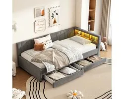 Cadre de lit MODFU 90x200 cm – lin et MDF gris – avec tiroirs de rangement et tête de lit LED – solution de rangement intelligente
