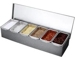 Cherrys Finds - Topping Station - Ingrediëntcontainer - Barbecueschotelcontainer - Ingrediëntdoos - Ingrediëntenhouder met 6 Bakken & Deksels - RVS Topping Organizer - Voor Pizza, BBQ & Buitenkeuken - Zilver