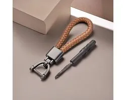 Sleutelhanger Leer Bruin - Luxe sleutelhanger Auto - Cadeau - Leer en Metaal - Geweven - Premium sluiting - Mannen/Vrouwen - Unisex - Autohanger
