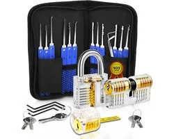 32-delige Lock Picking Set met 3 Clear Hangslot - Lockpicking Tools voor Beginners & Slotenmaker Training - Blauw