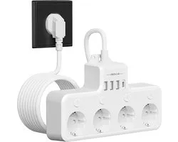 SnelShoppen - Power Strip met LED Schakelaar, 4-Weg Stopcontact met 3 USB A & 1 USB C, Tafel Socket, Muur Gemonteerd, 2m, Voor Keuken, Bureau, Desk, F
