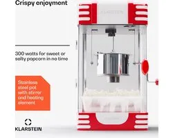 Klarstein popcornmachine klein, popcornmachine voor zoete & zoute popcorn, 300W popcorn maker, retro keukenapparaat voor maïs popcorn, popcorn machine met rvs houder, popcornmachines