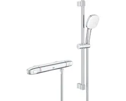 GROHE Grohtherm 1000 Ensemble de douche - mitigeur de douche thermostatique - entraxe=15cm - avec barre de douche - 60cm - douchette carrée - 2 jets - flexible de douche lisse - chrome