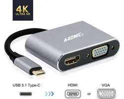 Usb-C naar HDMI VGA Adapter | 2 in 1 type-c to VGA en HDMI-HUB | Compatible Apple Macbook Pro | Chromebook | IMAC | XPS | Dell | Lenovo | HP | Spacegrey | A-KONIC©