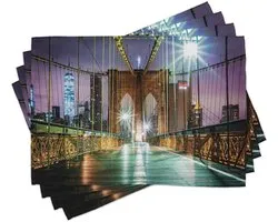 ABAKUHAUS Landschaps-placemats, Brooklyn Bridge voetgangerspad bij zonsopgang – American Landmark-beeld, décoration de table en tissu résistant à la décoloration pour la salle à manger et la cuisine, pourpre-brun