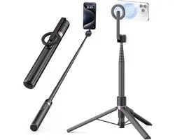 TONEOF 173cm Magnetisch Selfiestick Statief,Sterke Magnetische Aluminium Telefoonhouder,360° Draaibaar,Intrekbaar Reisstatief met Metalen Ring&Afstandsbediening,Monopod voor alle Telefoons-Zwart Paars