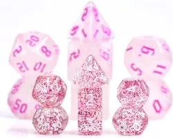 Mini Dobbelstenen Set voor RPGs als Dungeons and Dragons | 7 stuks per set | Little Blossom Shine | Transparant met Roze Glitters en Witte Cijfers | Met Dice Bag