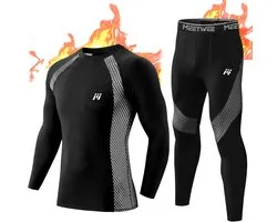 METHOO Thermo-ondergoed Heren Set - Heren Thermokleding : Ademend en Comfortabel Basislaag voor Voetbal, Tennis, Skiën, Hardlopen en Outdooractiviteiten -Zwart-L